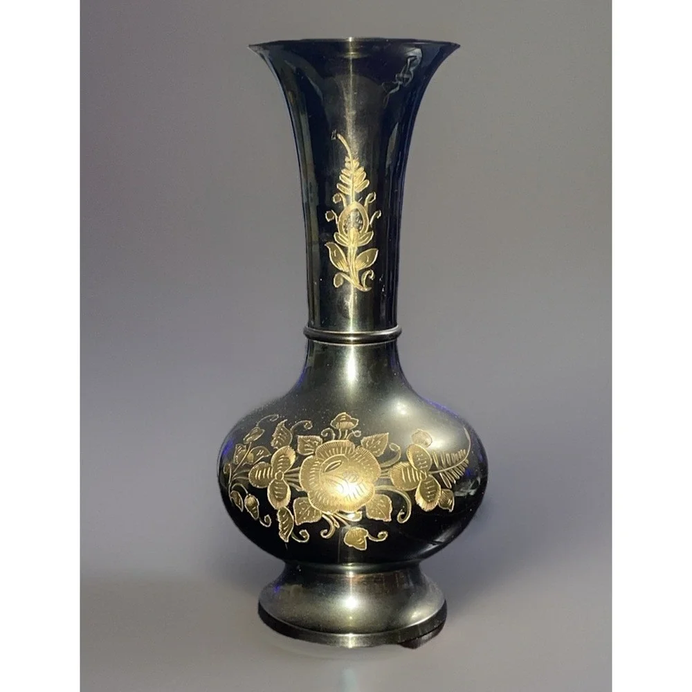 Solid Brass Fluted Vase‎ Heavy Etched Design Floral Made in India